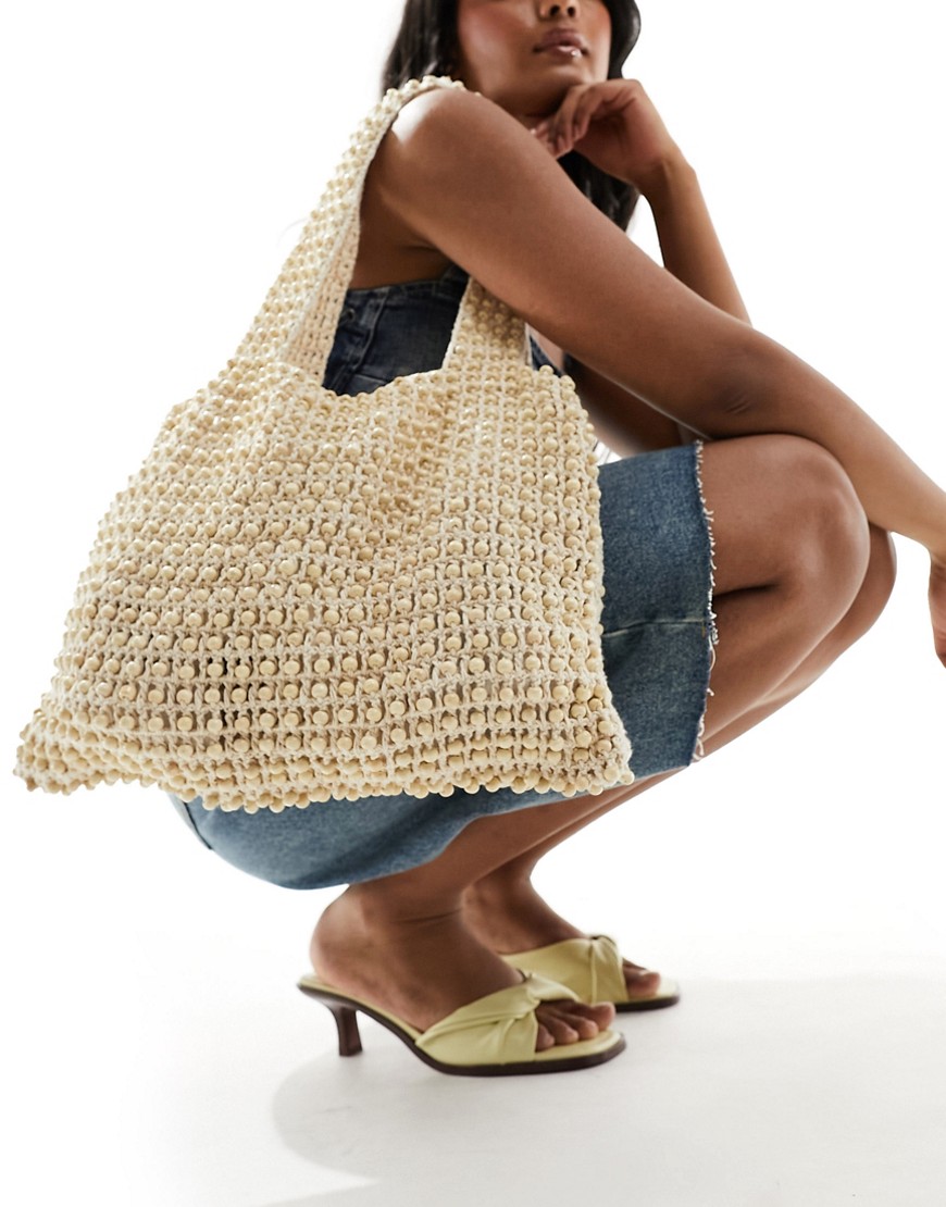 Glamorous beaded crochet shoulder tote bag in cream-White