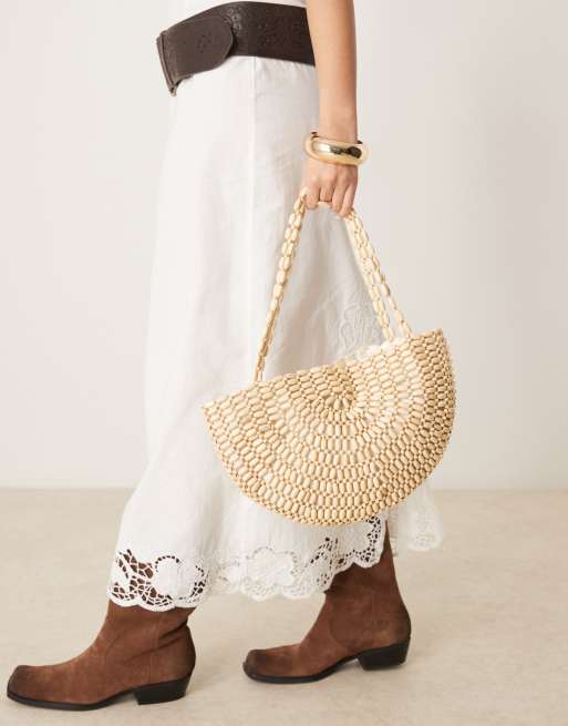 Glamorous beaded half moon shoulder bag in cream 