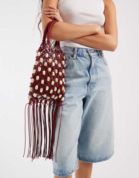 Glamorous beaded tassel bag in deep burgundy - view 1