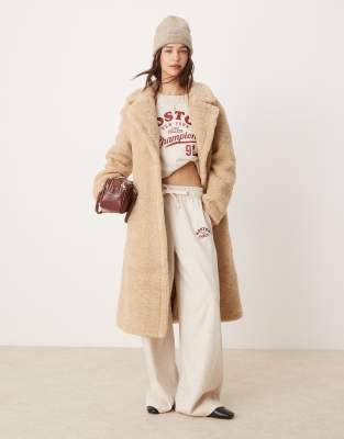 beige faux fur long coat-Neutral