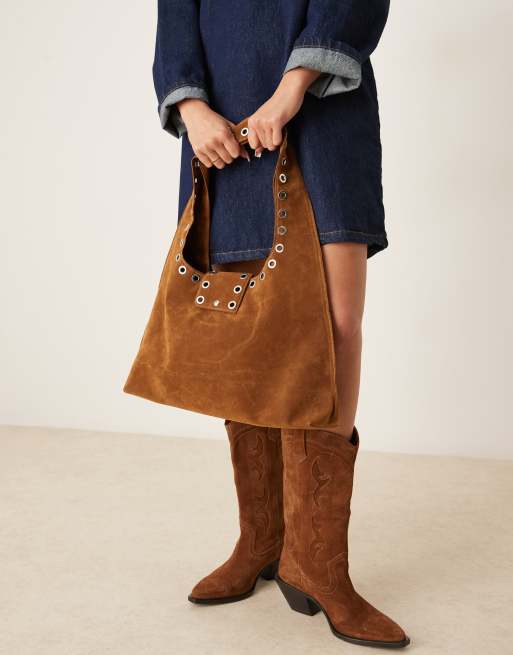 Glamorous - Beige tote-taske med skrå sider og nittedetaljer i imiteret ruskind, 2 af 4