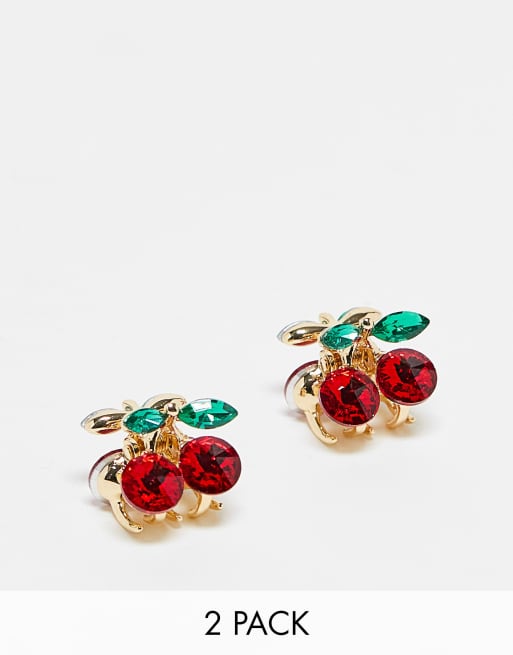 Glamorous bejwelled 2 pack of cherry hair clips in red