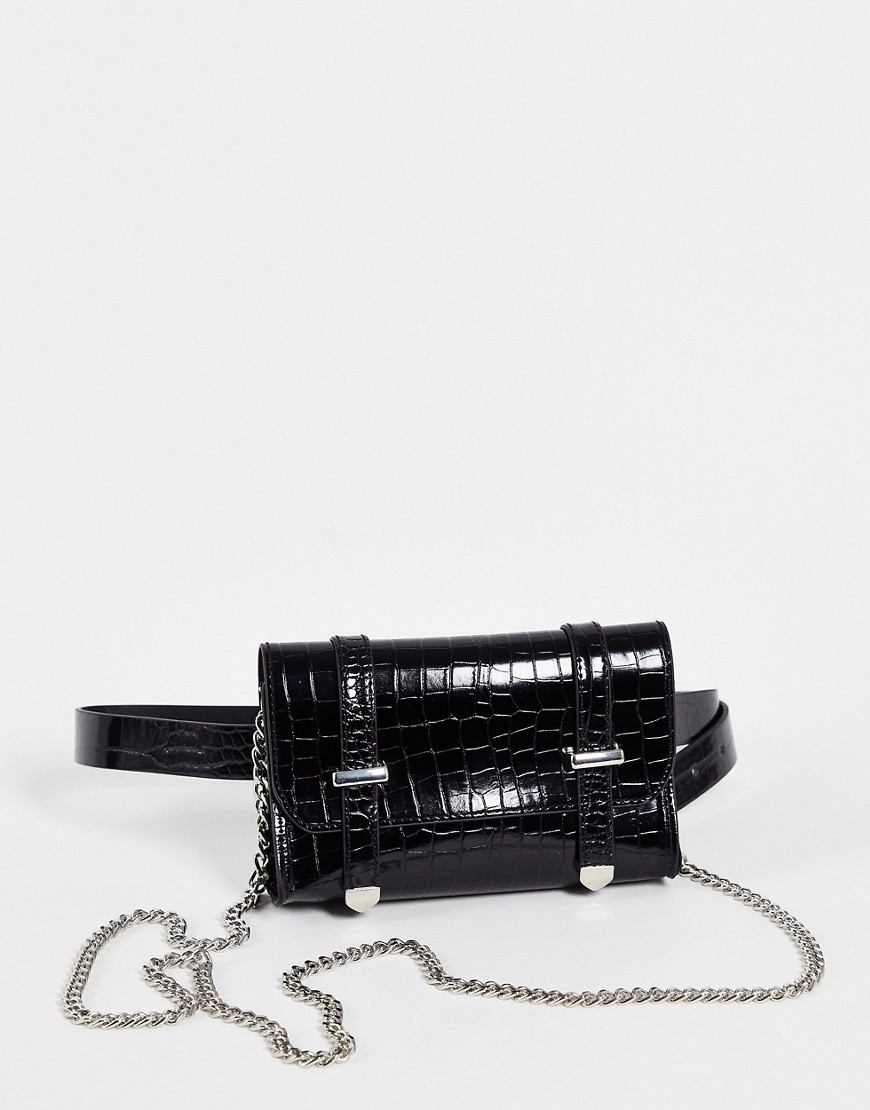 Glamorous Belt Bag In Black Croc With Silver Chain Detail