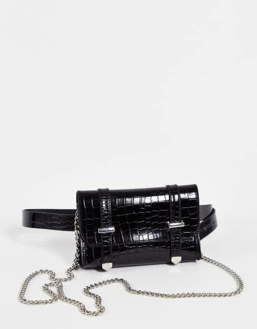 Glamorous belt bag in black croc with silver chain detail