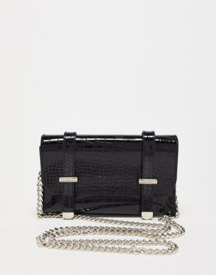 Glamorous belt bag in black croc with silver chain detail
