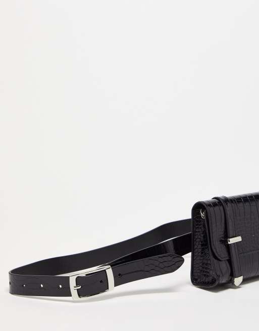 Glamorous belt bag in black croc with silver chain detail ASOS