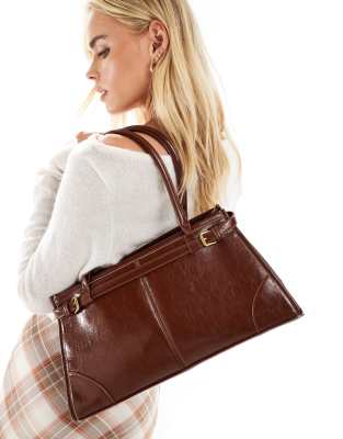 Glamorous Glamorous belt detail long shoulder bag in dark brown