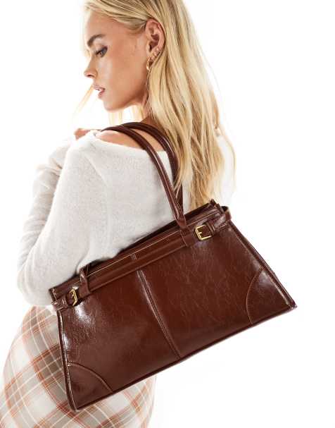 Glamorous belt detail long shoulder bag in dark brown - view 1