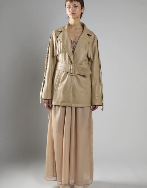 Glamorous Belted fringe longline jacket in sand pu, 2 of 4