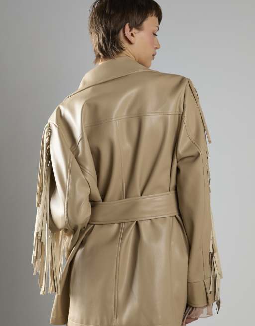 Glamorous Belted fringe longline jacket in sand pu, 3 of 4