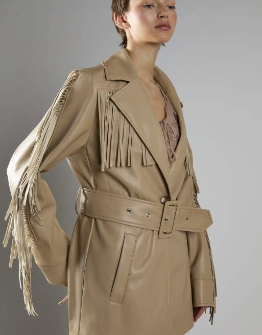 Glamorous Belted fringe longline jacket in sand pu, 4 of 4