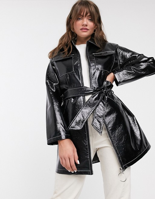 Glamorous belted jacket in vinyl