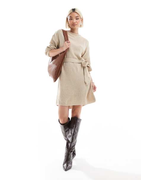 Glamorous belted jumper mini dress in true ecru 