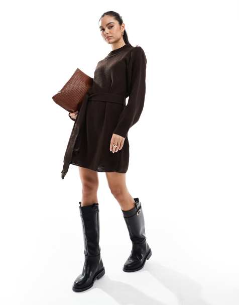 Glamorous belted jumper mini dress in walnut