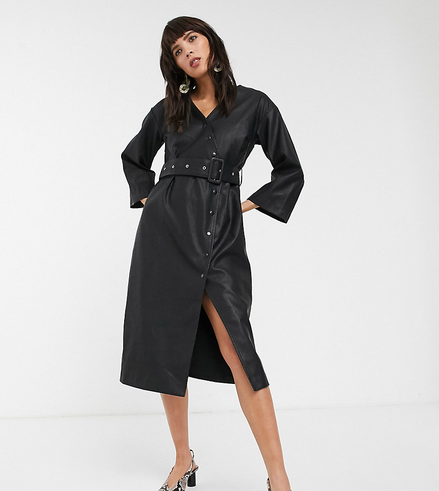 Glamorous Belted Midi Dress In Soft Faux Leather-black