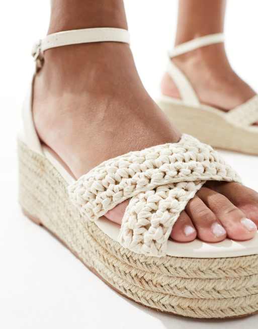 Glamorous – Beżowe szydełkowane sandały sandały espadryle na platformie i obcasie, 4 z 4