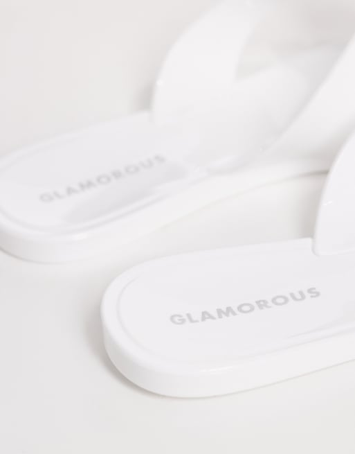 Glamorous – Białe gumowe klapki japonki z kokardką, 4 z 4