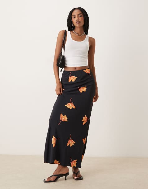 Glamorous Bias-cut maxi skirt in black orange flower