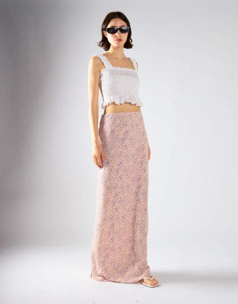 Glamorous Bias cut maxi skirt in cream blue ditsy - view 1