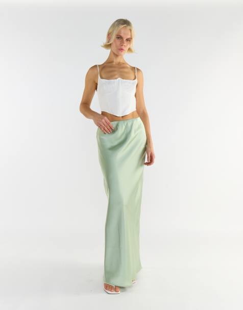 Glamorous Bias cut maxi skirt in sage green sateen - view 1