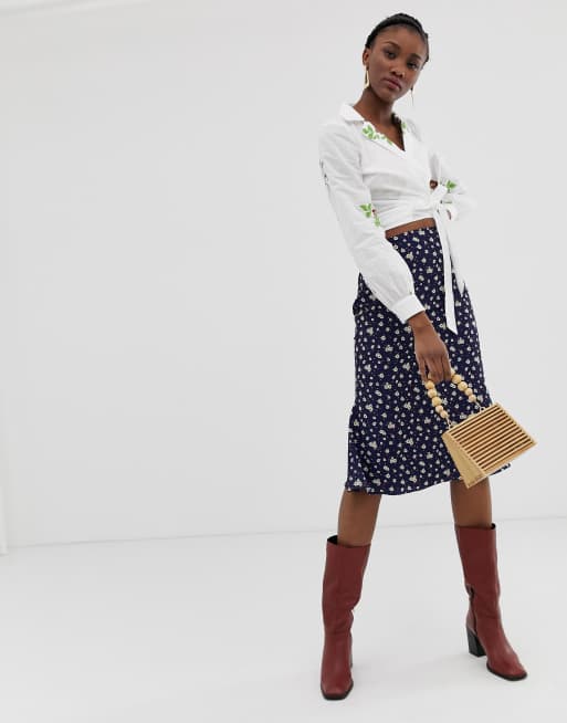Glamorous bias cut midi skirt in ditsy vintage floral print satin