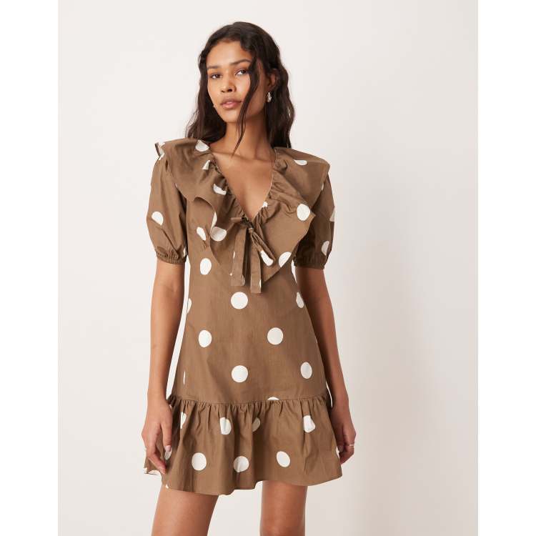 brown dress with white spots 1950s Brown White Polka Dot Cotton Swing Dress | Sleeveless with Boat Neck  | Pretty Woman Style | With Pockets main image 0