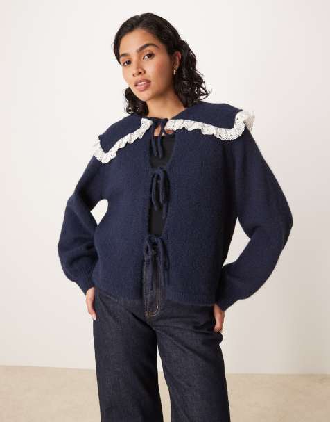 Glamorous big collar tie front cardigan in navy - view 1