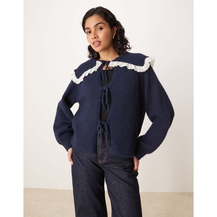 Glamorous big collar tie front cardigan in navy | ASOS