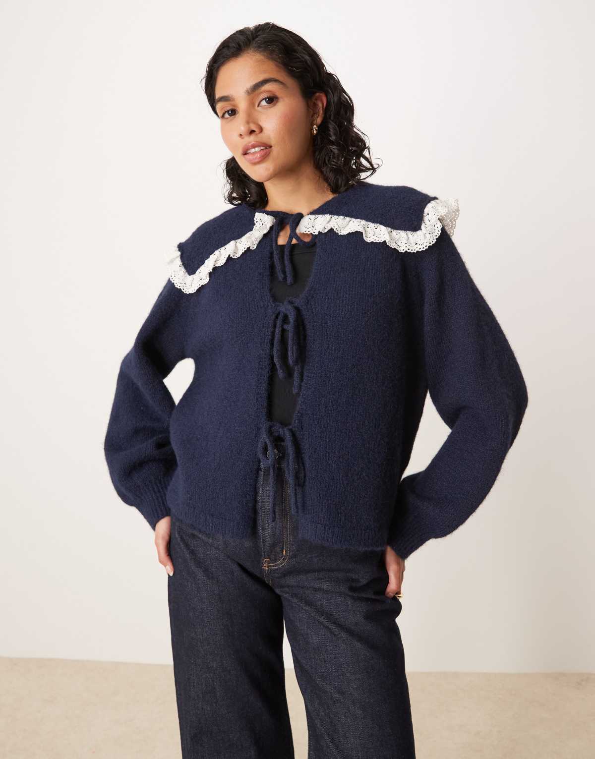 Glamorous big collar tie front cardigan in navy