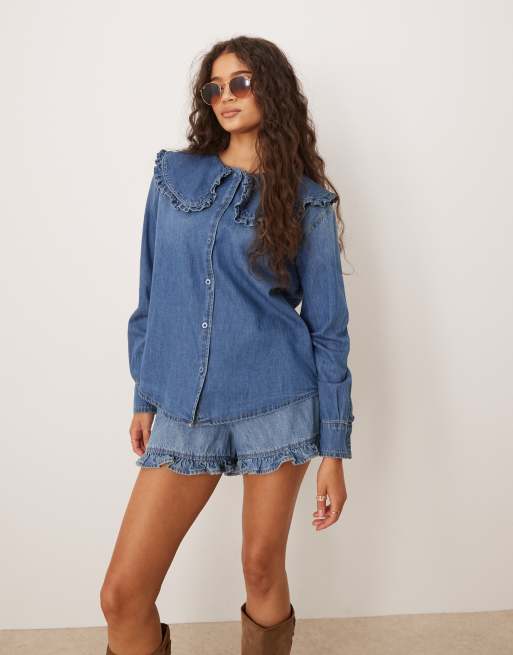 Glamorous big collared button down denim shirt in blue