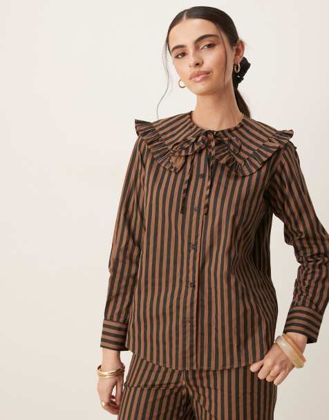 Glamorous big collared button-down poplin shirt in brown black stripe - view 1