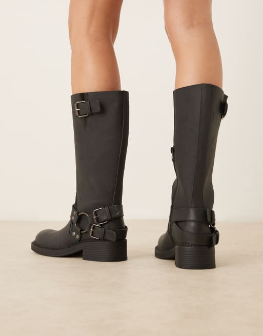 Glamorous - Biker-knielaarzen met metalen details en brede pasvorm in zwart