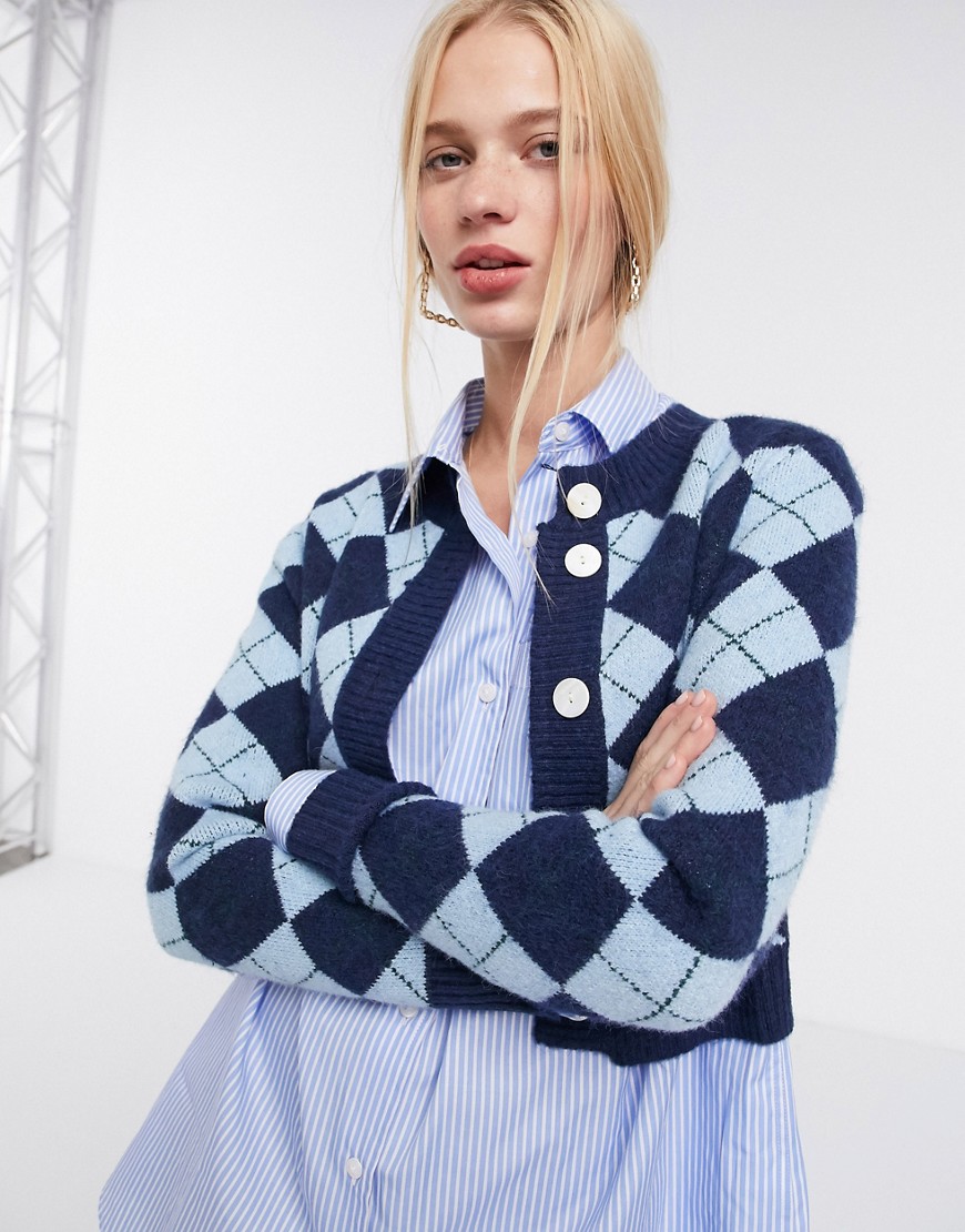 Glamorous – Blå stickad kofta i kort design med argyle-tryck-Marinblå