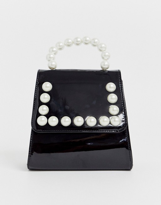 Glamorous black cross body bag with pearl embellishment and grab handle