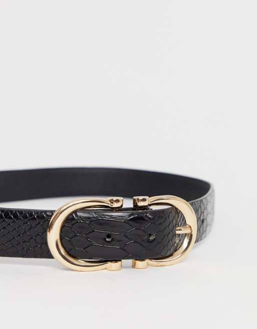 Glamorous black mock croc waist and hip jeans belt with gold double buckle, 3 of 4