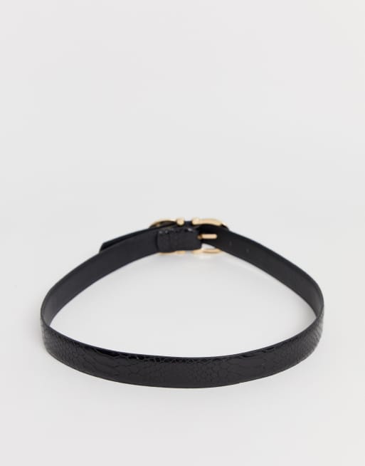 Glamorous black mock croc waist and hip jeans belt with gold double buckle, 4 of 4