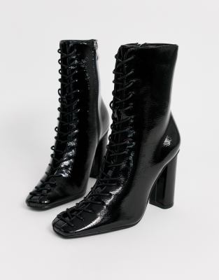 black patent leather lace up ankle boots