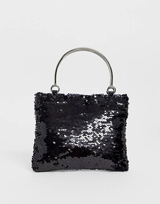 Glamorous black sequin mini bag with silver grab handles