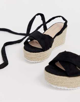 Glamorous black tie up espadrille wedge sandals