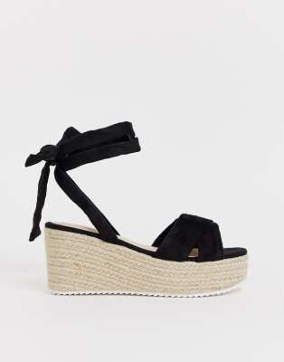 Glamorous black tie up espadrille wedge sandals