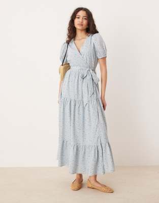 Glamorous - Blaues Midikleid im voluminösen Wickeldesign mit Blümchenmuster-Bunt