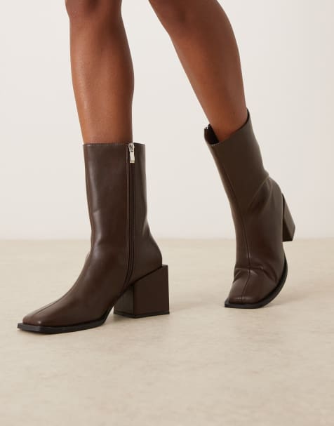 Glamorous block heel square toe boots in brown micro - view 1