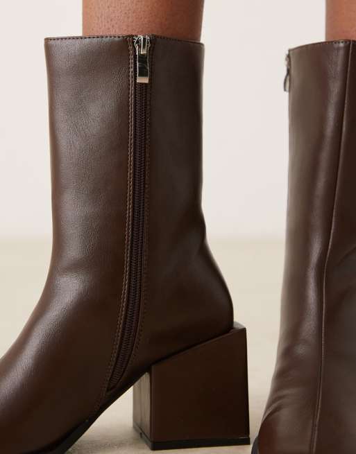 Glamorous block heel square toe boots in brown micro, 2 of 4