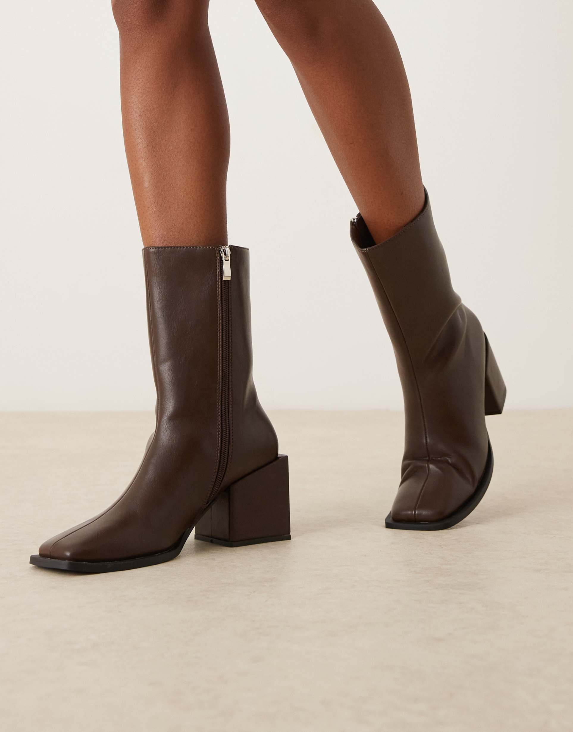 glamorous block heel square toe boots in brown