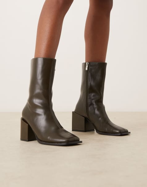 Glamorous block heel square toe boots in olive - view 1