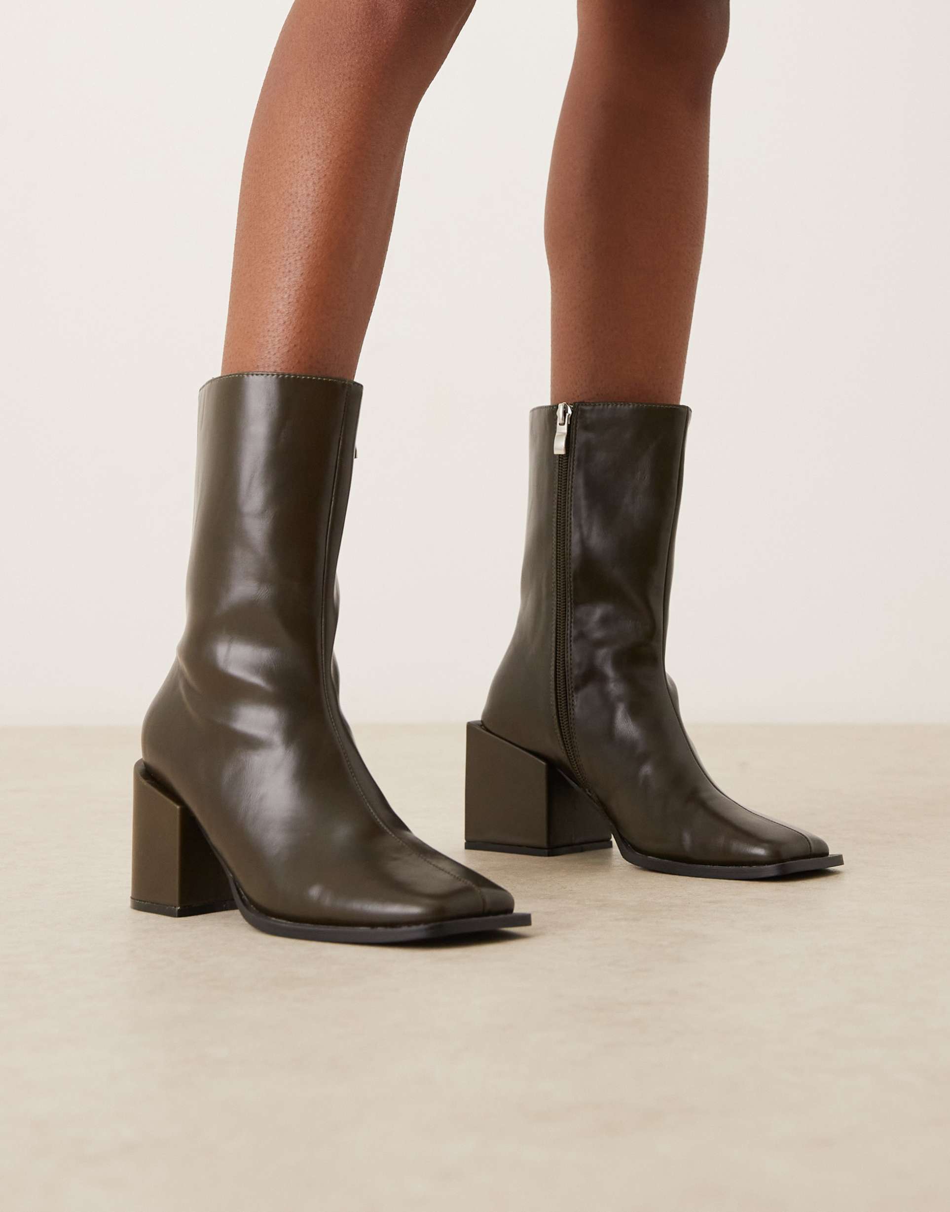glamorous block heel square toe boots in olive