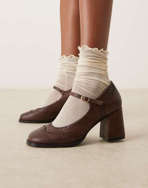 Glamorous block heeled mary jane shoes in washed brown - view 1