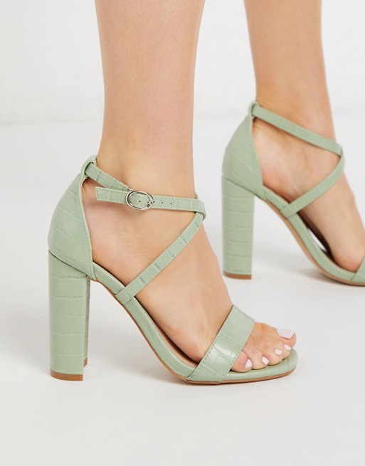 Glamorous block heeled sandal in mint green mock croc