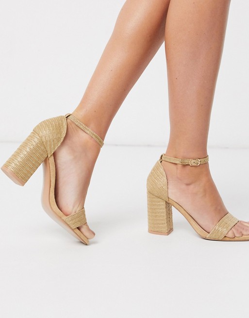 Glamorous block heeled sandal in raffia beige
