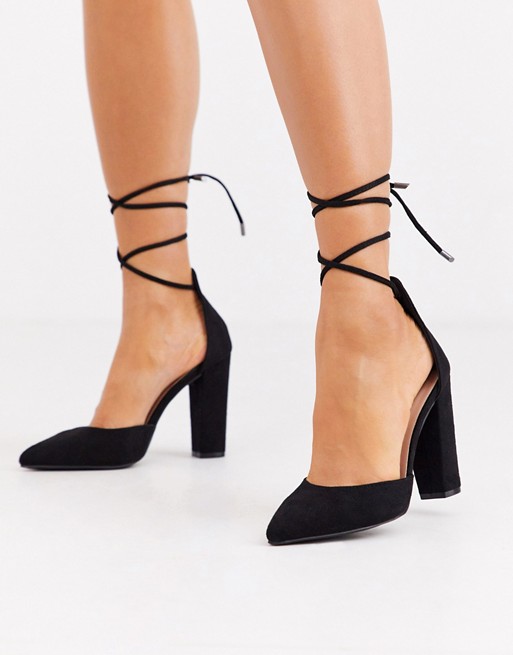 Glamorous block heeled shoes with ankle tie in black